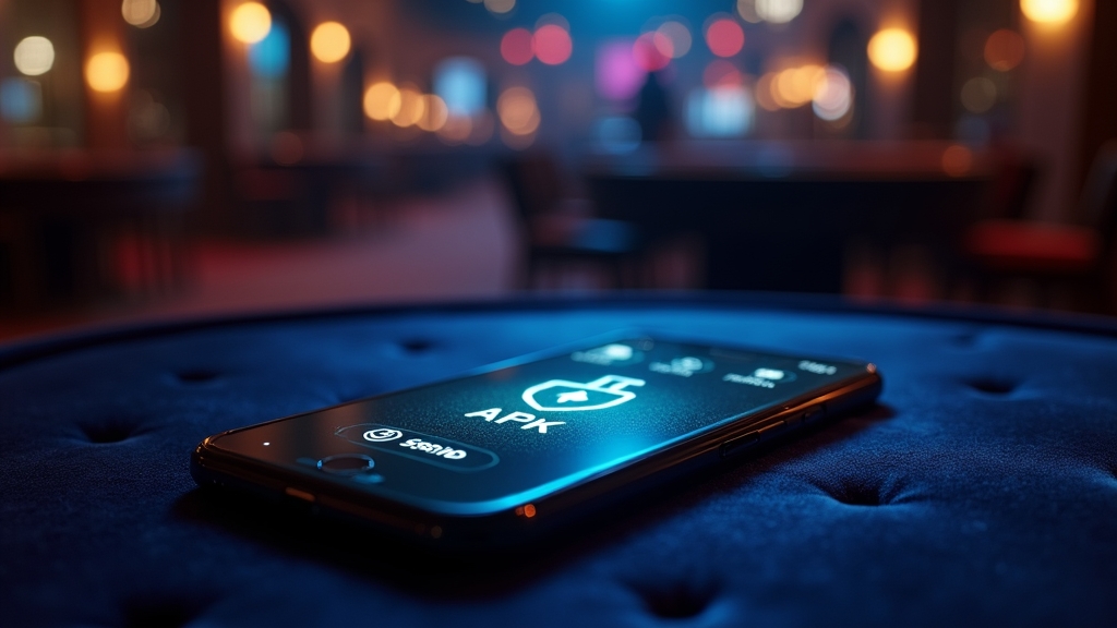هاتف يعرض ملف APK مع أجواء كازينو داكنة وإضاءة نيون