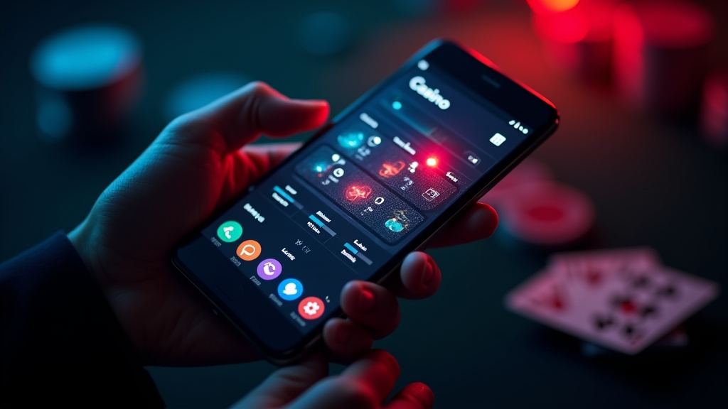 واجهة تطبيق على هاتف ذكي داخل أجواء كازينو داكنة